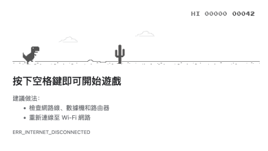 Google Chrome瀏覽器在斷線畫面中，埋藏了像素風格小遊戲—「小恐龍遊戲」。（圖／截取自Google）