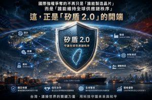 不再只是晶片工廠!矽盾 2.0 爆發 台灣正進化為全球秩序的「治理節點」 1 國際強權爭奪的不再只是「誰能製造晶片」,而是「誰能維持全球供應鏈秩序」。這,正是「矽盾 2.0」的開端。(圖/AI生成)