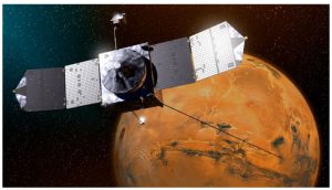 NASA MAVEN探測器藝術想像圖。MAVEN自2014年進入火星軌道，長期研究火星大氣流失機制，任務歷時超過11年。（圖／NASA/Goddard/University of Colorado/Laboratory for Atmospheric and Space Physics）