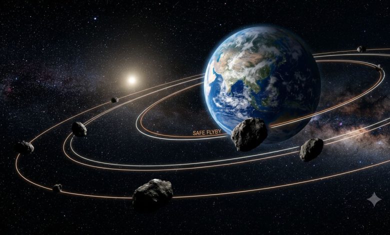 6月期間將有多顆近地小行星（Near-Earth Objects, NEOs）接近地球軌道並進行安全飛掠。（圖／AI生成）