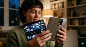 Apple摺疊iPhone傳聞升級 遊戲體驗恐迎重大改變 1 傳聞中的摺疊iPhone可能採用書本式摺疊設計,展開後提供更大螢幕空間,有助提升影音與遊戲體驗。(圖/AI生成)