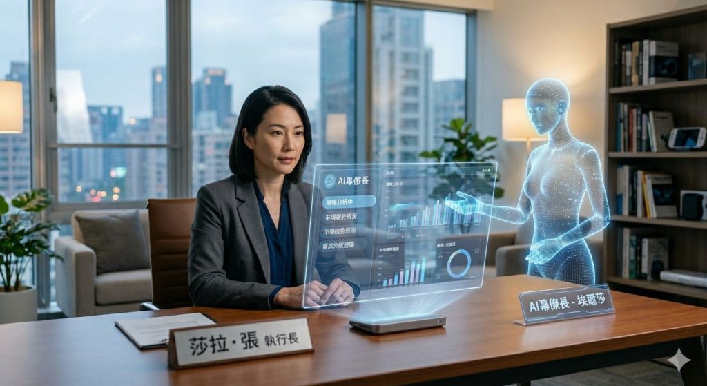 精選 2 Asana認為未來企業內部或將出現新型角色——「AI Chief of Staff(AI幕僚長)」,由AI協助主管進行資訊整合與管理決策支援。(圖/AI生成)