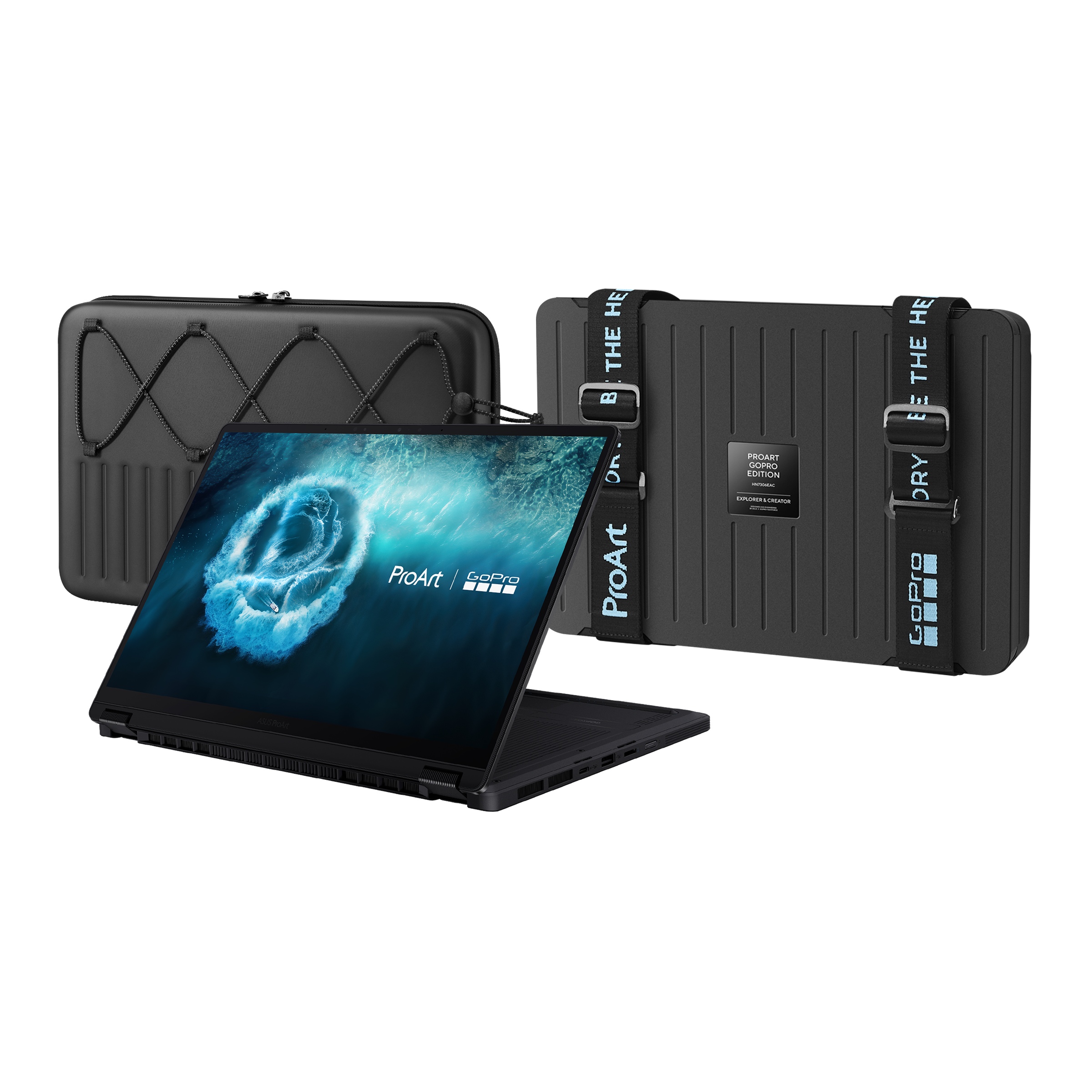 ASUS ProArt GoPro Edition，融合 GoPro 標誌性的戶外運動語彙，從外觀、專屬隨行包到裝備箱，注入冒險基因與機能美學。（圖／華碩提供）