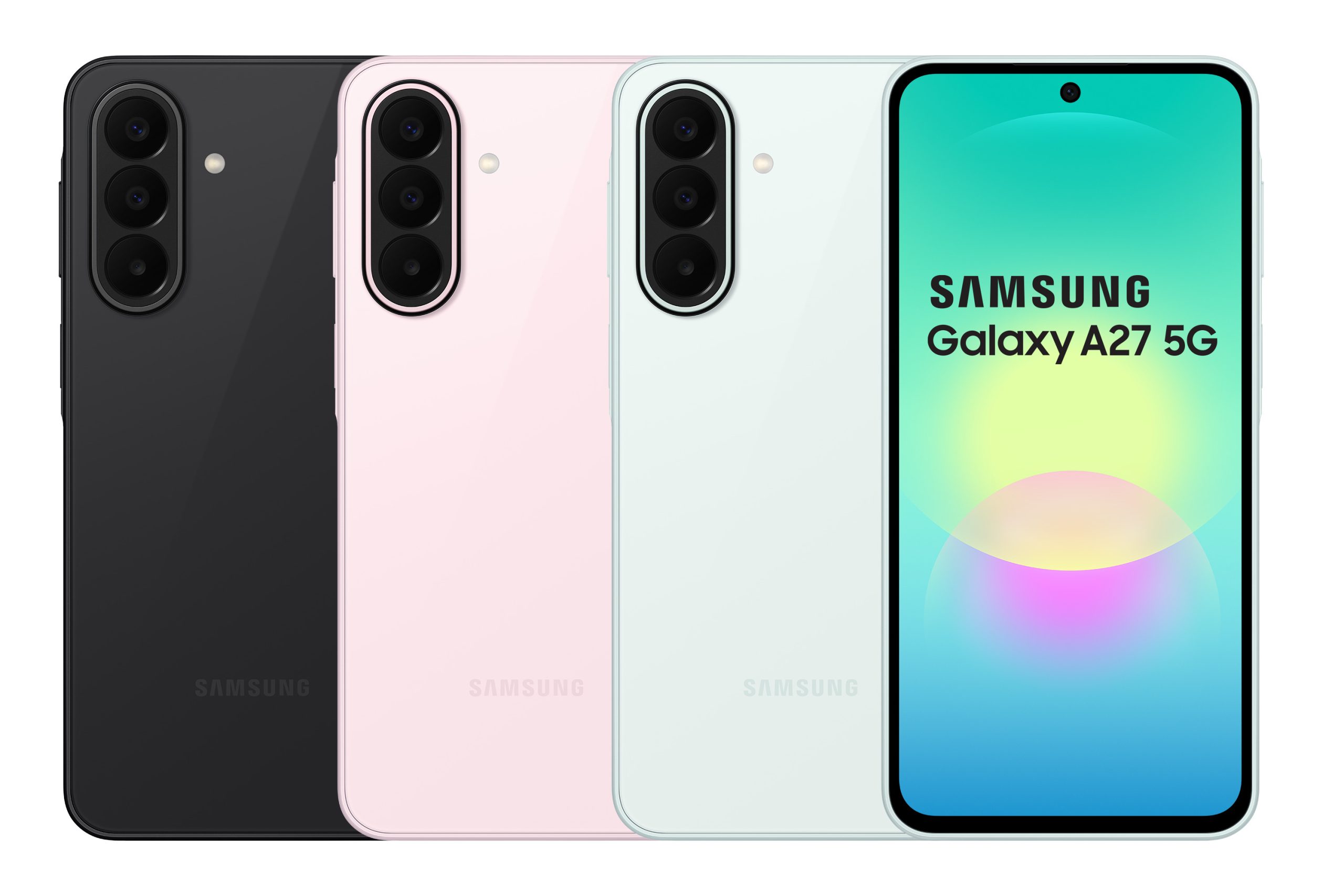 Galaxy-A27-5G-8GB-RAM-128GB版本提供潮玩黑、心動綠、美拍粉三款風格配色，售價-NT11990；8GB-RAM256GB-版本則提供心動綠、美拍粉兩色，售價NT13490。（圖／三星官方提供）