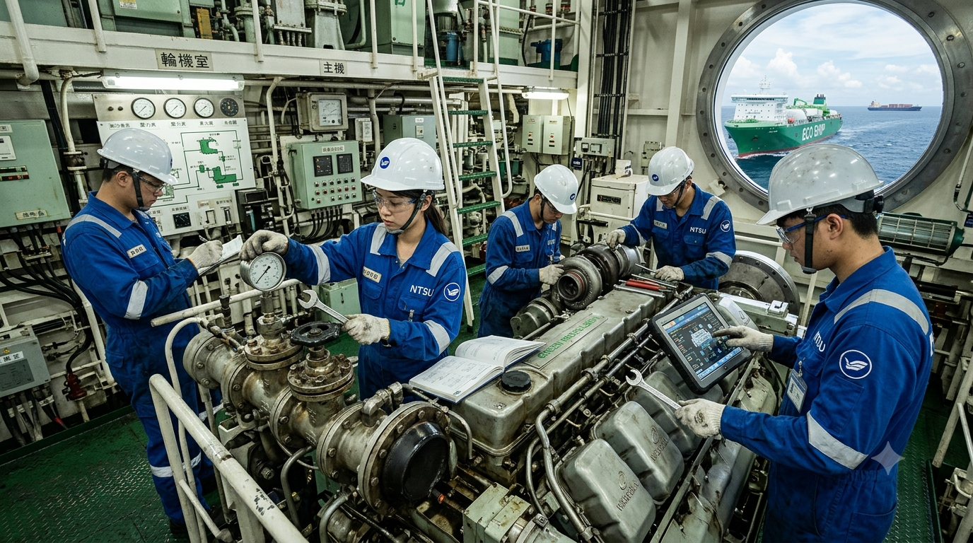 負責船舶動力系統、機械設備與能源管理的輪機工程系學生，成航運業爭相延攬的重要人才。（圖／AI生成）