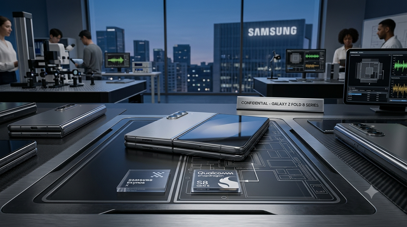 針對對標蘋果摺疊 iPhone 而設計的 Galaxy Z Fold 8，相關 FCC 文件顯示該機型採用了高通數據機晶片，此舉極大機率預示該系列將全面搭載 Snapdragon 8 Elite Gen 5 處理器。（圖／AI生成）