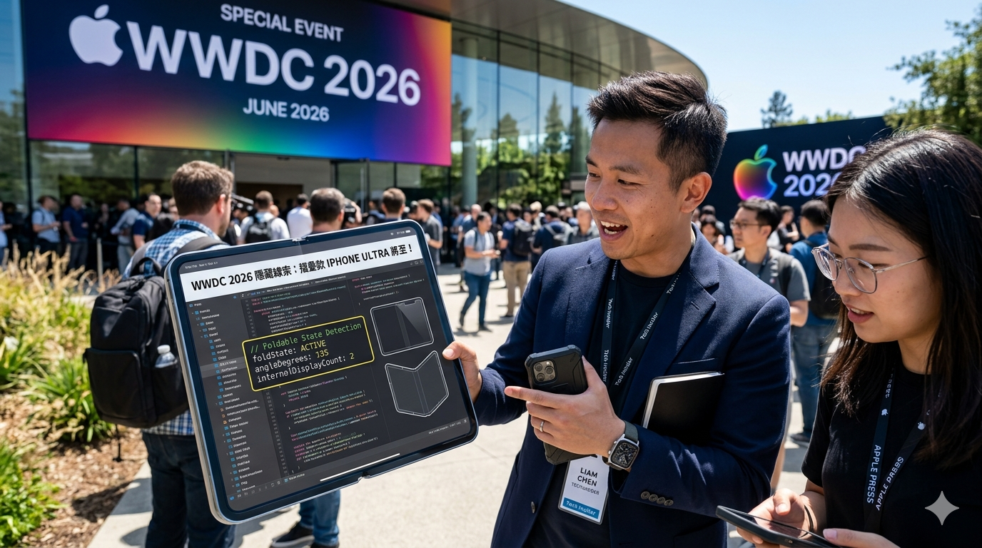 WWDC 2026 暗藏玄機!5大軟體關鍵線索指向蘋果將推摺疊款 iPhone Ultra 1 或許iPhone Ultra 存在的最有力證據可以在 iOS 27 本身中找到,因為 Sam Henri Gold 發現的第一個 beta 版代碼中包含了“foldState”和“angleDegrees”的提及。(圖/AI生成)