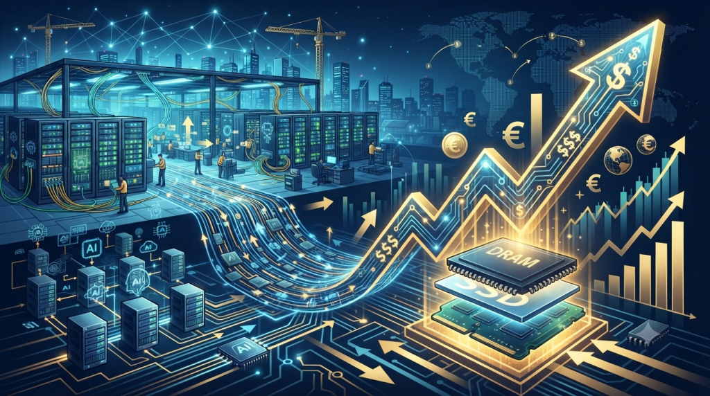 因為AI資料中心建設熱潮，持續推升記憶體需求，導致全球記憶體價格大漲。（圖／AI生成）