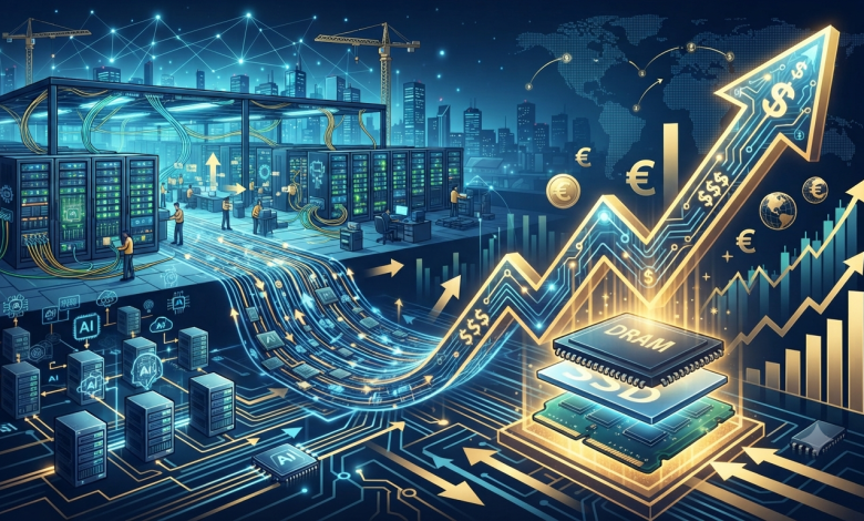 因為AI資料中心建設熱潮，持續推升記憶體需求，導致全球記憶體價格大漲。（圖／AI生成）