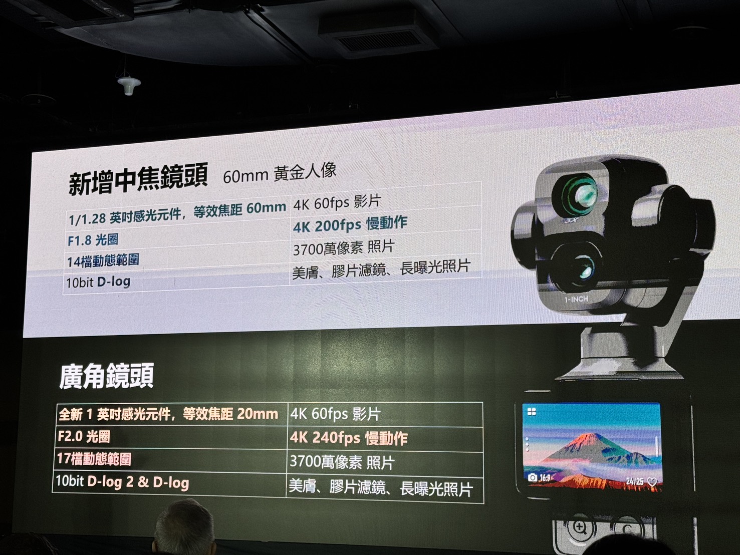 口袋電影新時代!DJI Osmo Pocket 4P雙主攝輕便與專業並重 6/29登場 6 使用專業的LOFIC技術,達到專業電影機才有的 17 檔動態範圍,D-Log 2 大師級色彩模式,後期調色空間堪比奧斯卡影片御用電影機,4K 240fps超級慢動作特效。(圖/記者 孟圓琦攝)
