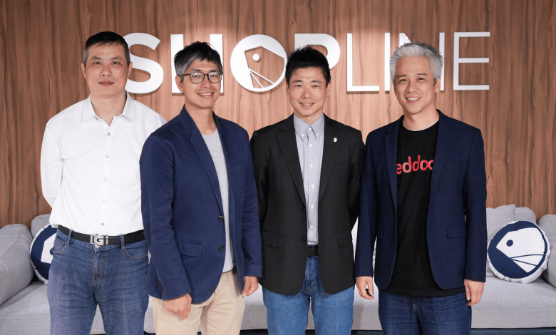 SHOPLINE 台灣總經理葉力維（右二）與三大 AI 生態圈夥伴將能數位行銷創辦人連啓佑（左一）、漸強實驗室產品負責人蘇晨豪（左二）、紅門互動執行長張元溢（右一）共同發表。（圖／SHOPLINE提供）