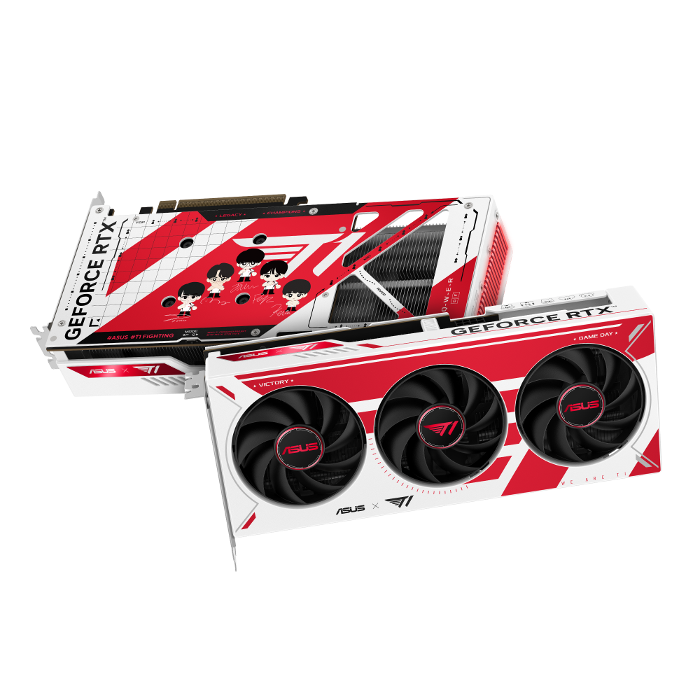 ASUS T1 GeForce RTX 5060 Ti則以搶眼的紅、白雙色為基調，詮釋戰隊鮮明形象；具動態感的隊徽設計，除了張力十足，辨識度也瞬間拉滿。（圖／華碩提供）