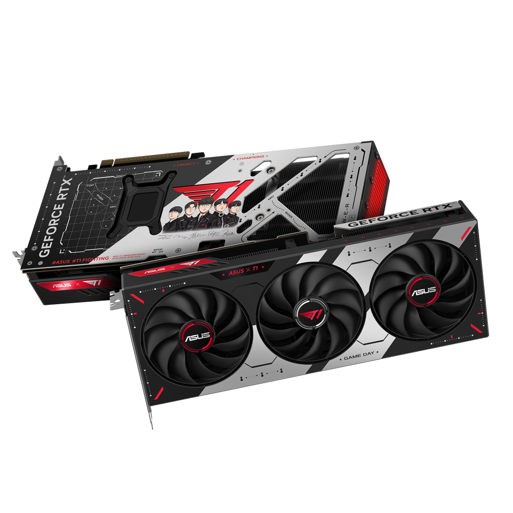 ASUS T1 GeForce RTX 5070採用低調內斂的經典黑、白配色，猶如電子競技所需的分明條理與紀律，搭配T1標誌性的紅色線條與隊徽點綴，劃破極簡，成就不凡！（圖／華碩提供）