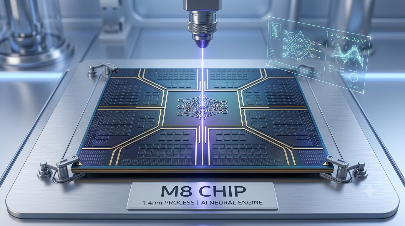 蘋果已啟動 M8 晶片開發?將首度採用 1.4 奈米製程強攻生成式 AI 1 據報道,M6 正在測試配備 12 個 GPU 核心,因此 M8 的配置很可能會大幅提升。(圖/AI生成)