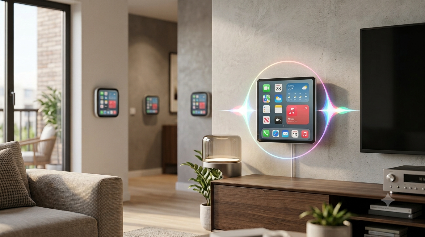 一款名為 HomePad 的全新智慧家庭中樞設備，預計將支援 FaceTime 視訊通話（幾乎可以肯定的是，它還支援 Center Stage 功能），並提供多種可自訂的錶盤。（圖／AI生成）