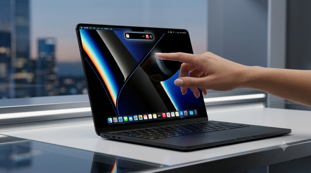 精選 6 蘋果可能會取消 MacBook Ultra 上的瀏海,取而代之的是類似 iPhone 的動態島設計。尺寸上提供 14 吋和 16 吋兩種選擇。(圖/AI生成)