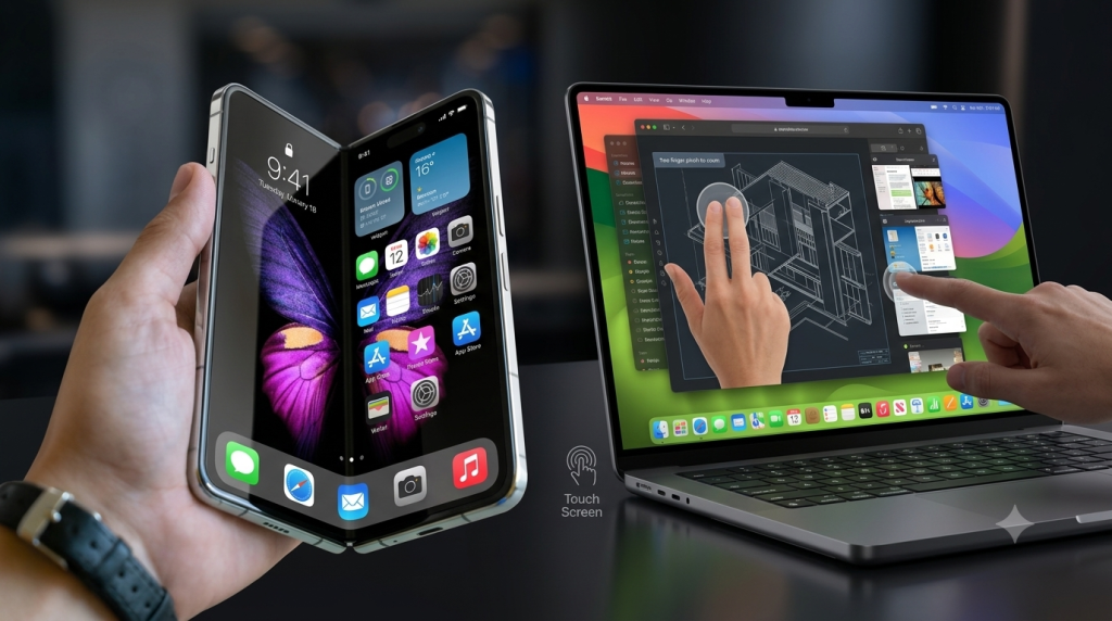 iPhone Ultra 是蘋果首款可折疊 iPhone。折疊後，它擁有類似 iPhone 的口袋大小設計。但展開後，它的外觀和使用體驗預計更接近 iPad mini。（圖／AI生成）