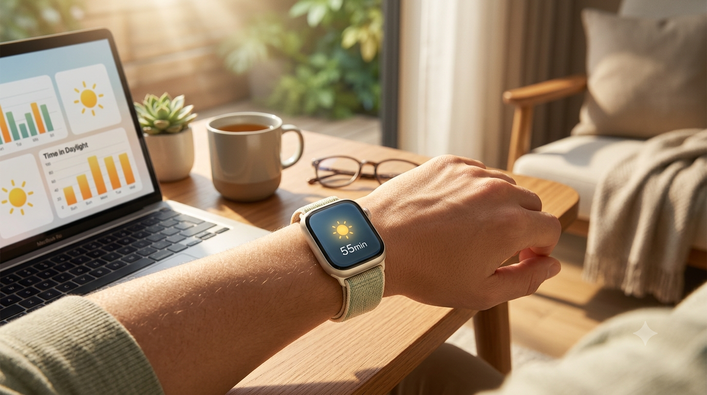 「日光時間」作為一項指標於 2023 年作為 iOS 17 的一部分加入到「健康」應用中。自 watchOS 10 起，Apple Watch 只需佩戴即可自動追蹤「日光時間」。最大的發現是量化那些不完全與運動相關的健康習慣。（圖／AI生成）