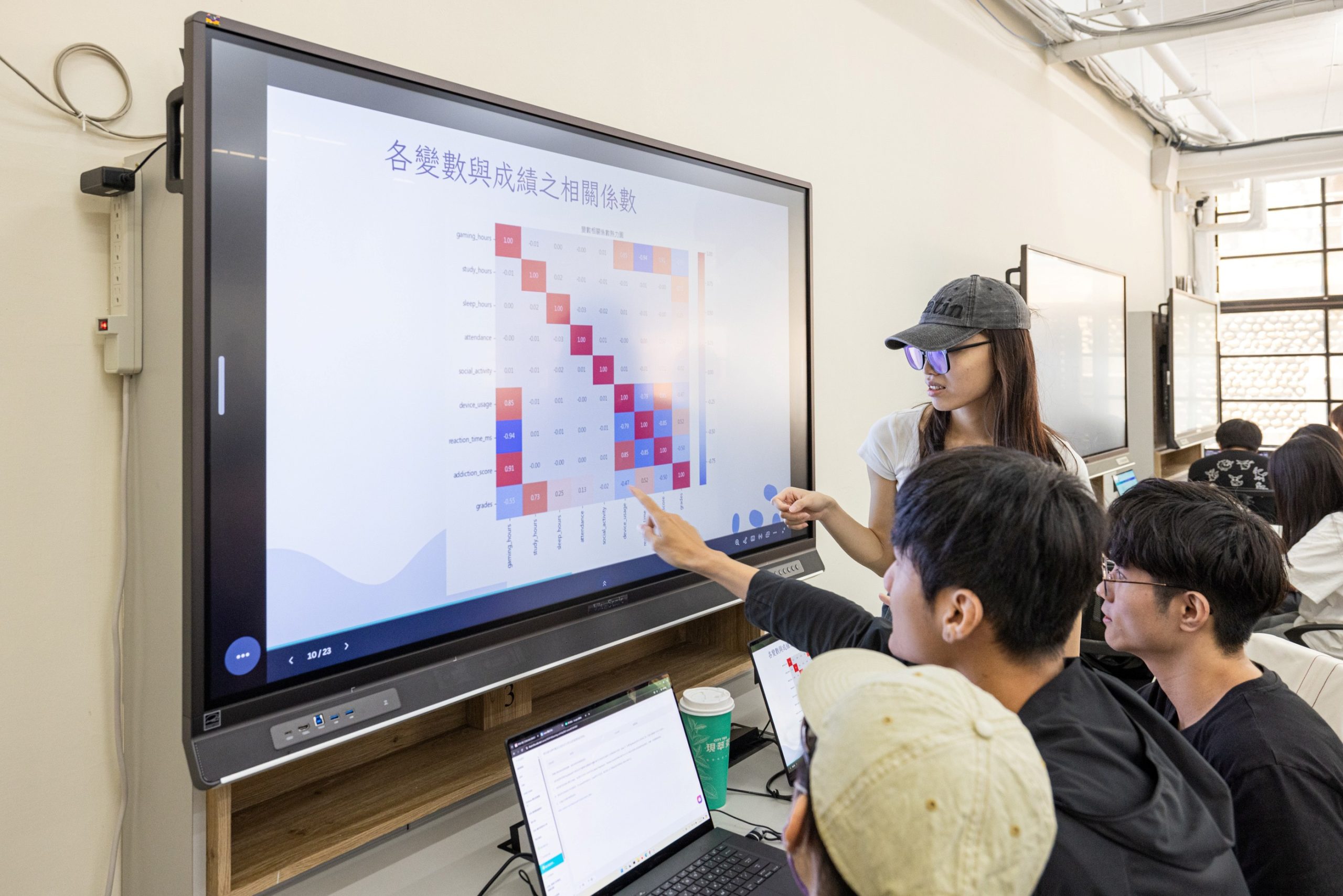 ViewSonic聯手東海大學開創沉浸式教學 翻轉AI互動、打造智慧校園 3 AI NB教室_學生分組在互動顯示器討論特寫。(圖/ViewSonic提供)