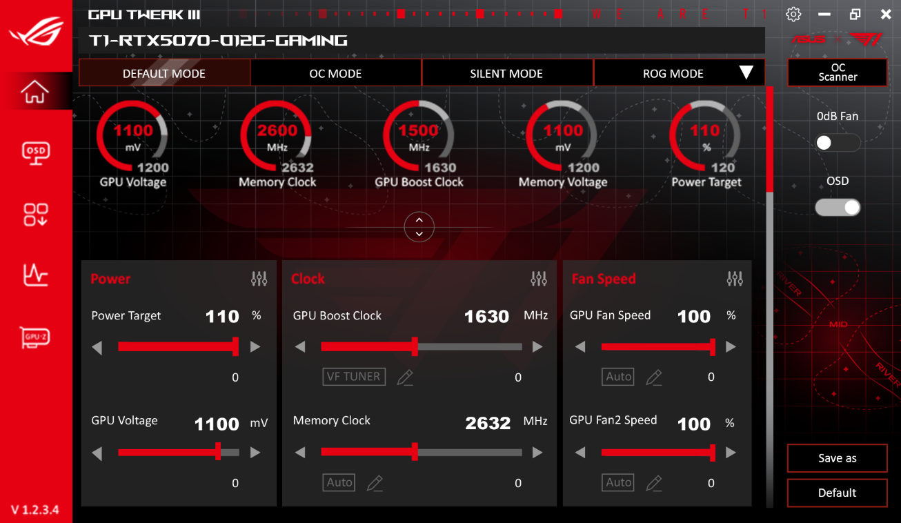 兩款顯示卡均內建華碩GPU Tweak III調校軟體，不僅提供直覺操作、先進散熱控制與系統即時監測，更特別收錄由T1團隊精心打造的主題介面。（圖／華碩提供）