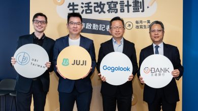 圖左起為UBI Taiwan 創辦人 Tyler Prochazka、Gogolook 金融科技事業群執行長柯志強 、Gogolook 共同創辦人暨董事長鄭勝丰以及王道銀行 執行副總經理林一鋒。（圖／Gogolook提供）