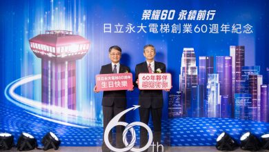 日立永大電梯董事長小口辰廣(右)、總經理沈裕舜(左)在創業60週年紀念儀式上，宣布啟動「數位轉型」與「綠色轉型」雙軸轉型策略。 （圖／日立永大電梯提供）