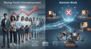 大學畢業生失業率升至3.7%，研究估遠距工作占青年失業增幅約64%，「職涯階梯」恐出現斷層。（圖／AI生成）