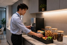 辦公室茶水間的零食擺放距離，可能會影響拿取行為，而且男性組觀察到的差異較為明顯。（圖／AI生成）