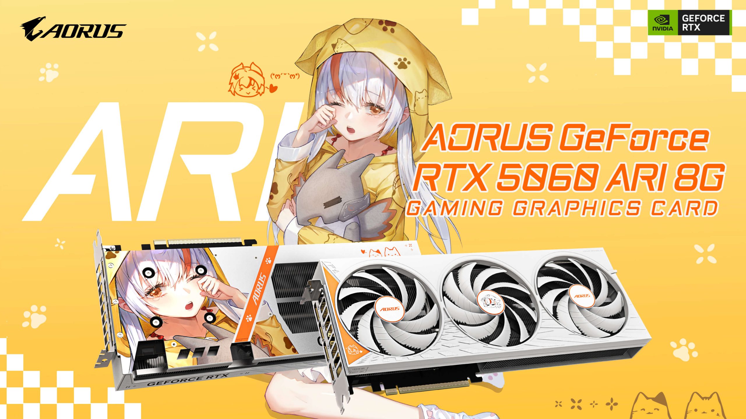 三風扇強效散熱!技嘉 AORUS RTX 5060 ARI 顯卡結合原創二次元形象夢幻開賣 1 技嘉原創角色ARI現身全新AORUS GeForce RTX 5060 ARI 8G顯示卡。(圖/取自技嘉官網)