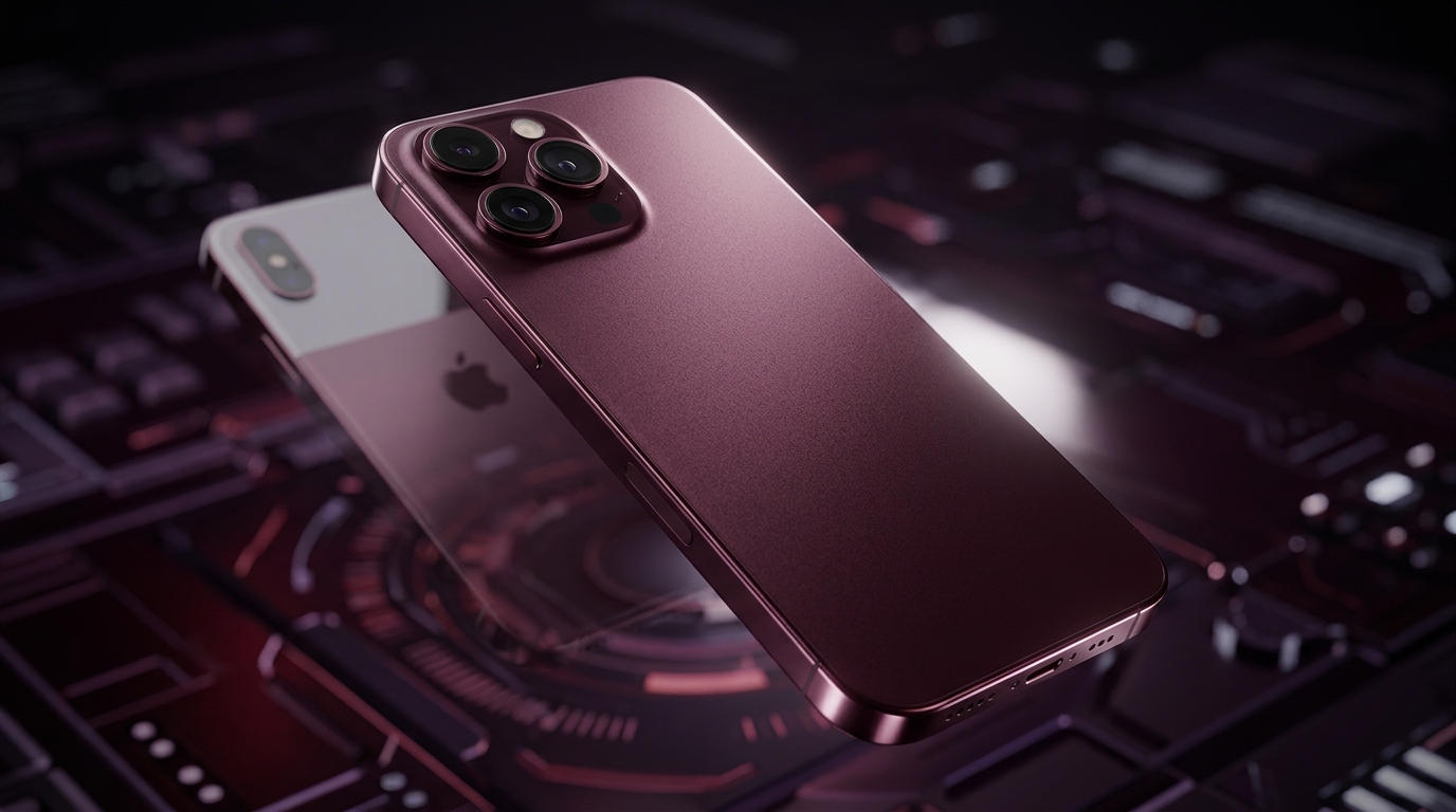 擺脫雙色背蓋!iPhone 18 Pro 系列主打「深櫻桃」新色引熱議 1 。今年,宇宙橙將停產,取而代之的是更深沉、更具神秘感的色調──據傳蘋果將採用深櫻桃色,它看起來像是紅色和紫色的混合色。(圖/AI生成)