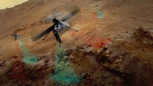藝術家概念圖描繪3架SkyFall火星直升機飛越這顆紅色星球表面、執行資料蒐集任務的情景。（圖／NASA/JPL-Caltech）