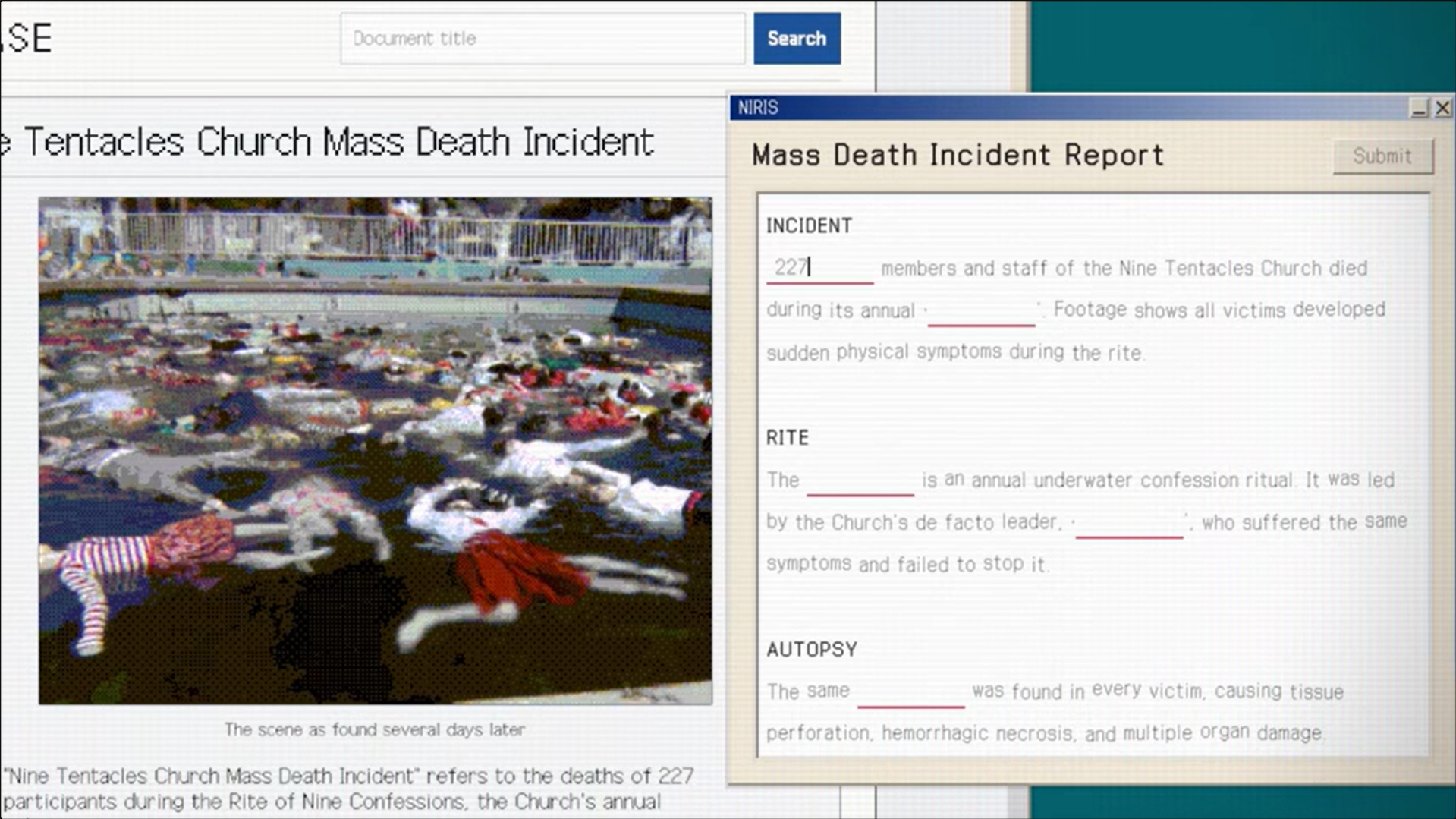 邪教227人集體死亡?免費解謎神作《No Results Found》獲98%壓倒性好評 2 與九腕章魚教有關的227人全數在一場宗教儀式中溺斃。案件結案一年後,罹難者家屬堅稱調查結論有誤,並要求重新調查此案。作為政府機構的宗教研究員,重新調查九腕章魚教的教義與儀式,以及相關人員留下的紀錄。(圖/取自Steam)