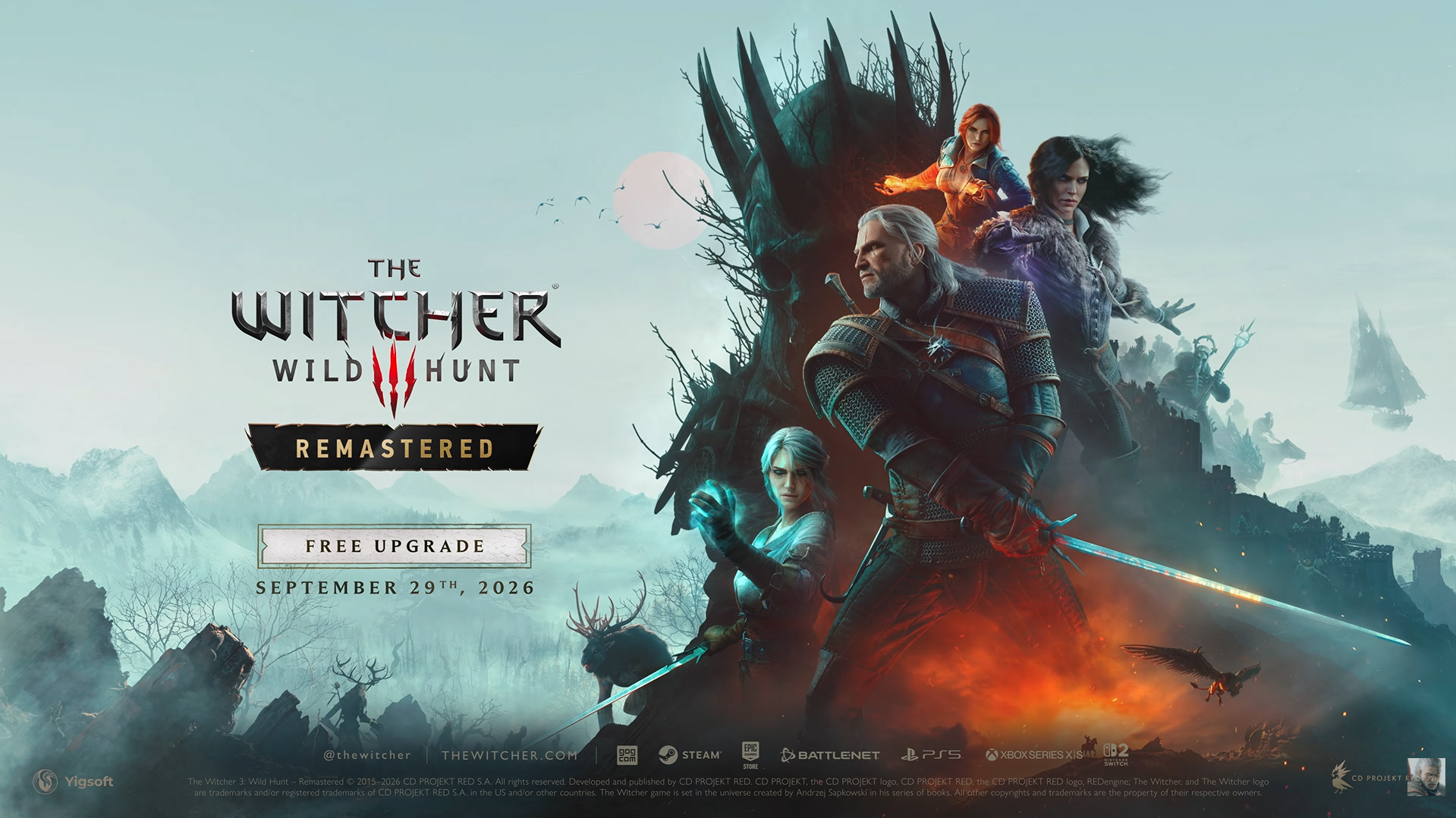 擁有《巫師 3》GOG、Steam、Epic Games Store、PlayStation 5 和 Xbox Series X|S 版本遊戲的玩家可以免費升級至重製版,重製版包含「石之心」和「血與酒」兩個擴充包。(圖/取自The Witcher YT)