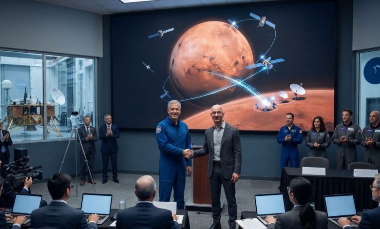 NASA宣布，選定Blue Origin負責開發及交付「火星電信軌道器」。（圖／AI生成）