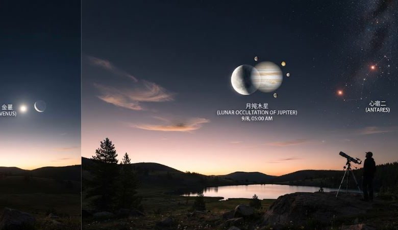 9月天象接連登場，月亮將沿著黃道運行，陸續與木星、軒轅十四、金星、心宿二及昴宿星團發生月掩。（圖／AI生成）