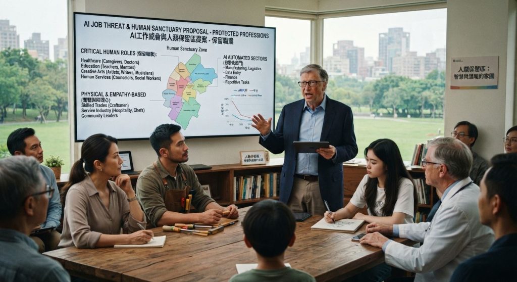 精選 1 微軟共同創辦人比爾・蓋(Bill Gates)近日提出「人類保留職位」概念,呼籲政府思考哪些工作應刻意保留給人類。(圖/AI生成)