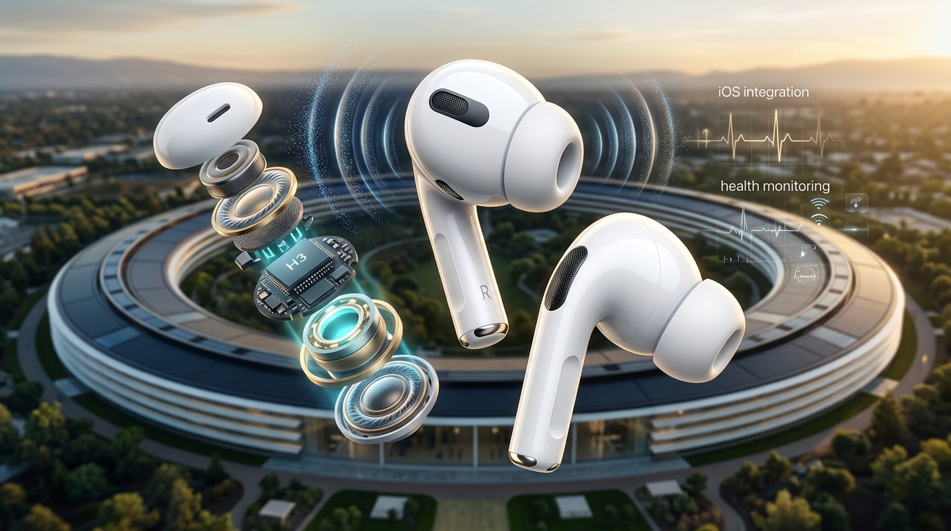 彭博社 的馬克古爾曼表示，配備攝影機的AirPods要到2027年才會上市。但他預計，不帶相機的AirPods 5將在蘋果9月份的發表會上亮相。（圖／AI生成）