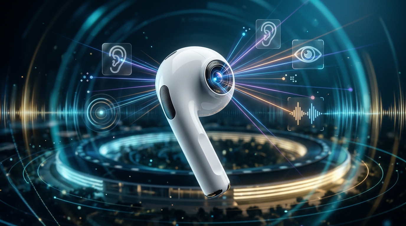 蘋果傳開發搭載鏡頭 AirPods 透過視覺追蹤提升空間音訊體驗 1 蘋果的 AirPods 耳機配備鏡頭,可透過偵測配戴者註視的螢幕位置來提升 iPhone 和其他蘋果裝置的空間音訊體驗。(圖/AI生成)