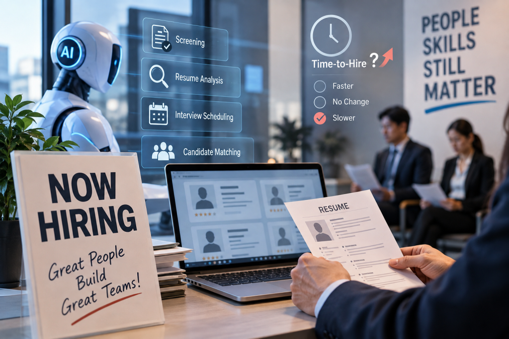 都導入AI了徵才速度卻未明顯提升?調查:四分之一企業聘僱時間反而拉長 1 人工智慧(AI)已廣泛滲透至招募流程的各個環節,但並未帶來招募速度的穩定提升。(圖/AI生成)