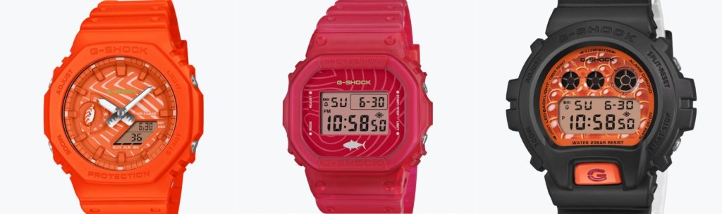 GA-2100SSH (左一) 以明亮的橙色展現了新鮮鮭魚的鮮亮色澤。錶盤上刻畫了肥美鮭魚肉的紋理，時針和分針的設計靈感來自壽司刀。小指針則以握壽司為原型。錶背飾有茶杯圖案，象徵著一頓美餐的結束。（圖／取自casio官網）