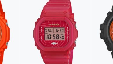 Casio推壽司系列G-Shock限定錶!鮪魚鮮肉紋理、軍艦卷海苔配色全上手 5 GA-2100SSH (左一) 以明亮的橙色展現了新鮮鮭魚的鮮亮色澤。錶盤上刻畫了肥美鮭魚肉的紋理,時針和分針的設計靈感來自壽司刀。小指針則以握壽司為原型。錶背飾有茶杯圖案,象徵著一頓美餐的結束。(圖/取自casio官網)
