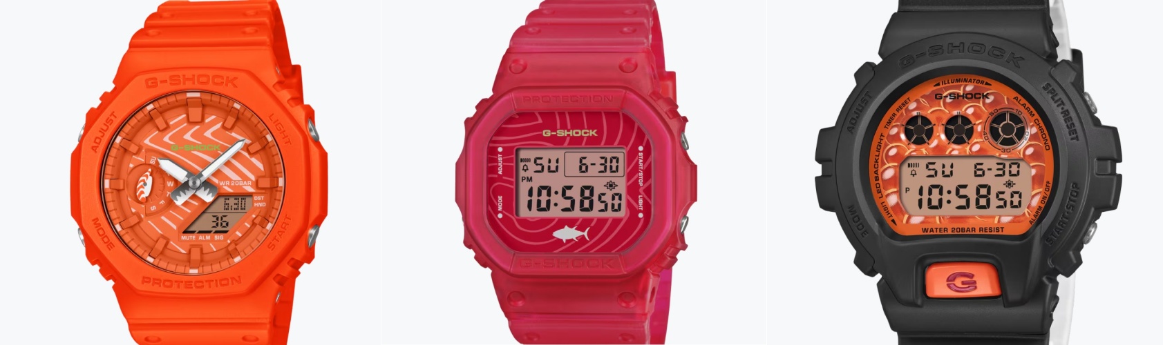 Casio推壽司系列G-Shock限定錶!鮪魚鮮肉紋理、軍艦卷海苔配色全上手 1 GA-2100SSH (左一) 以明亮的橙色展現了新鮮鮭魚的鮮亮色澤。錶盤上刻畫了肥美鮭魚肉的紋理,時針和分針的設計靈感來自壽司刀。小指針則以握壽司為原型。錶背飾有茶杯圖案,象徵著一頓美餐的結束。(圖/取自casio官網)