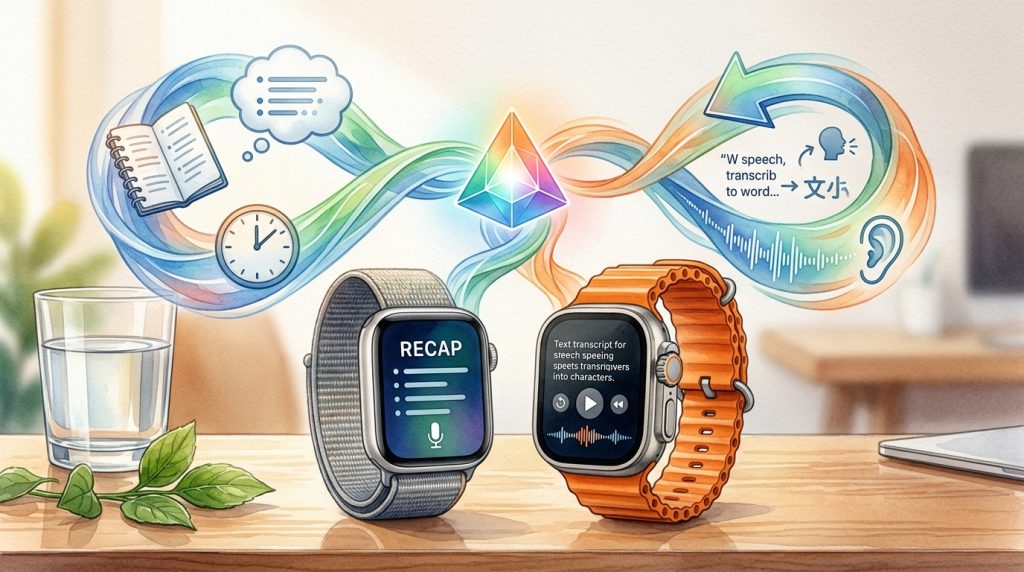 「即時回放」功能會在你雙擊數位錶冠時，在 Apple Watch 上顯示一段文字，幫助你回顧過去 15 秒內說過的話，方便你快速找到錯過或不太熟悉的內容。（圖／AI生成）
