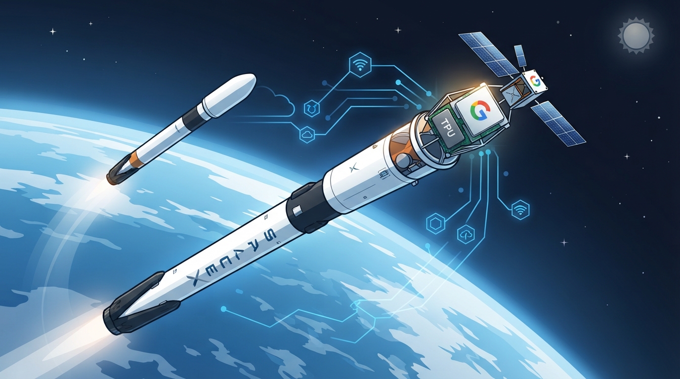 AI資料中心真的上太空了!Google首度把TPU送入軌道 SpaceX成功發射 1 Google首度將自家TPU AI晶片送入低地球軌道,搭乘SpaceX的火箭升空正式展實測。(圖/AI生成)