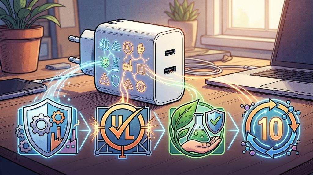 精選 5 充電器上還有許多其他常見的符號,它們大多表示符合不同國家的法律法規。例如,UKCA 表示該產品符合英國市場法規,而 CE 則適用於歐洲市場。(圖/AI生成)