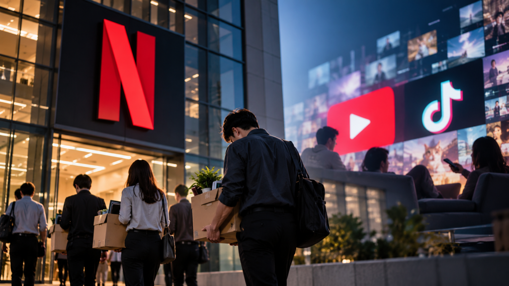 Netflix也撐不住?YouTube、TikTok搶觀眾 宣布裁員6% 1 串流影音平台Netflix裁員約6%,規模創2022年以來最大。(圖/AI生成)