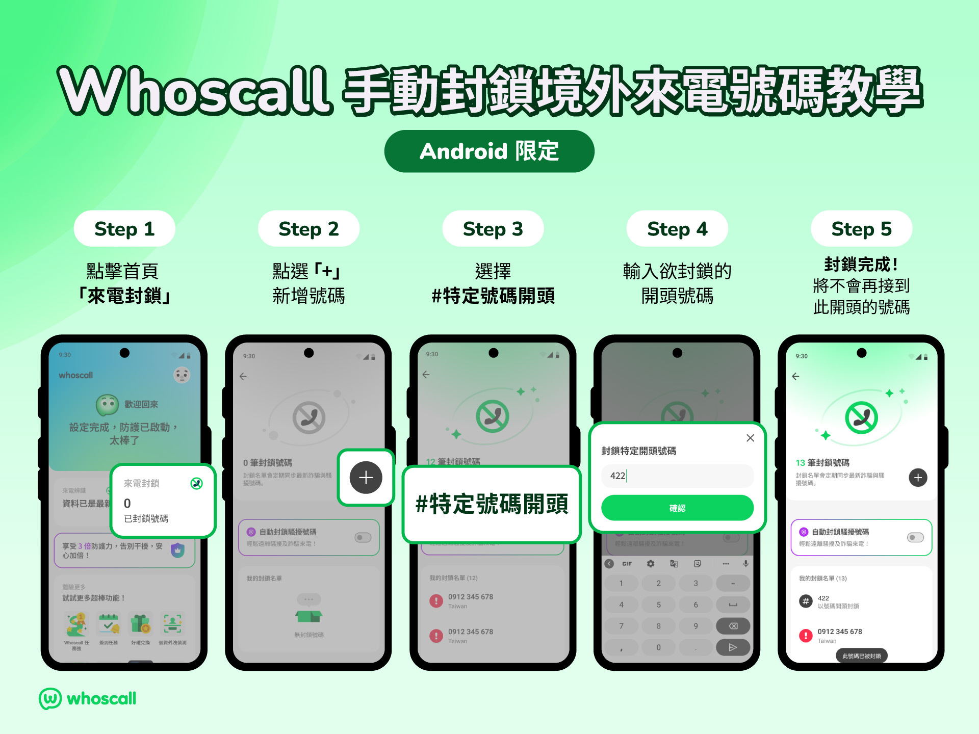 境外詐騙不斷!Whoscall 串聯刑事局情資啟動聯防、鎖定新型態可疑號碼 3 Whoscall 支援Android 版本手動封鎖境外來電號碼教學。(圖/信任科技提供)