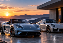 夕陽山海間的保時捷雙車展演